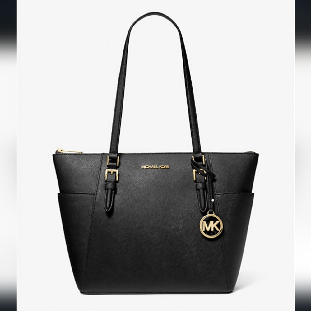 MICHAEL KORS Charlotte Large Saffiano Leather Purse Top-Zip Tote Black Bag NWT